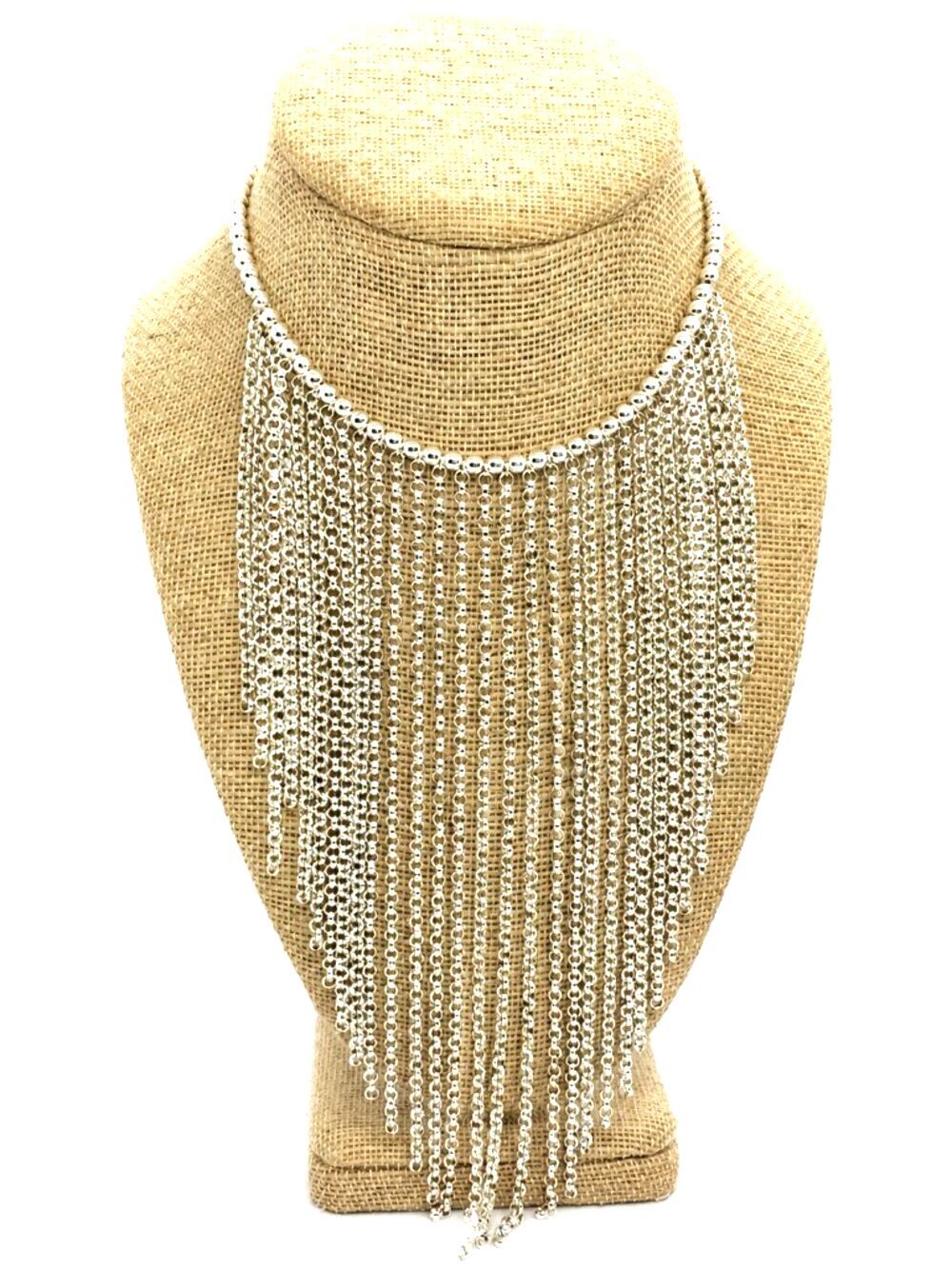 JOAN RIVERS NECKLACE Silver Tone Fringe Tassel Statement Drape Bib Vintage